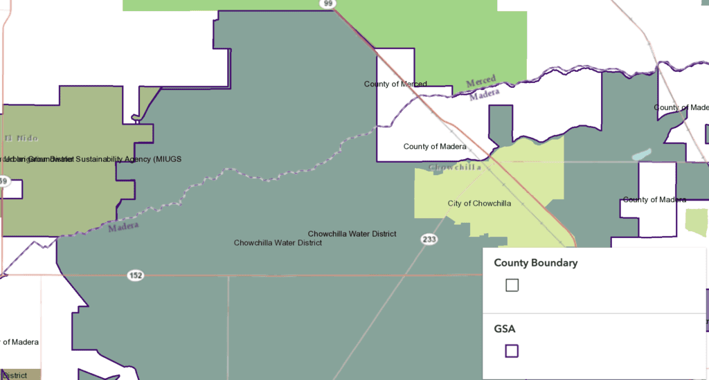 Image of a map Showing Chowchilla Water District GSA Crossing County Lines.
